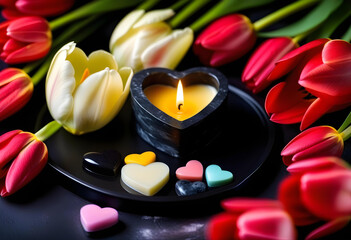 A heart-shaped bar of hand cream on a black stone tray with fresh tulips and a lit spa candle in the background - Powered by Adobe