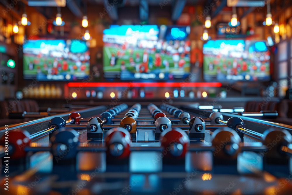 Aufkleber illustration of a foosball table with digital screens on each side, showing crowd animations and che