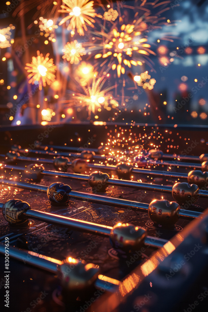 Poster Artistic rendering of a foosball table with a digital scoreboard that shows animated fireworks for each goal,