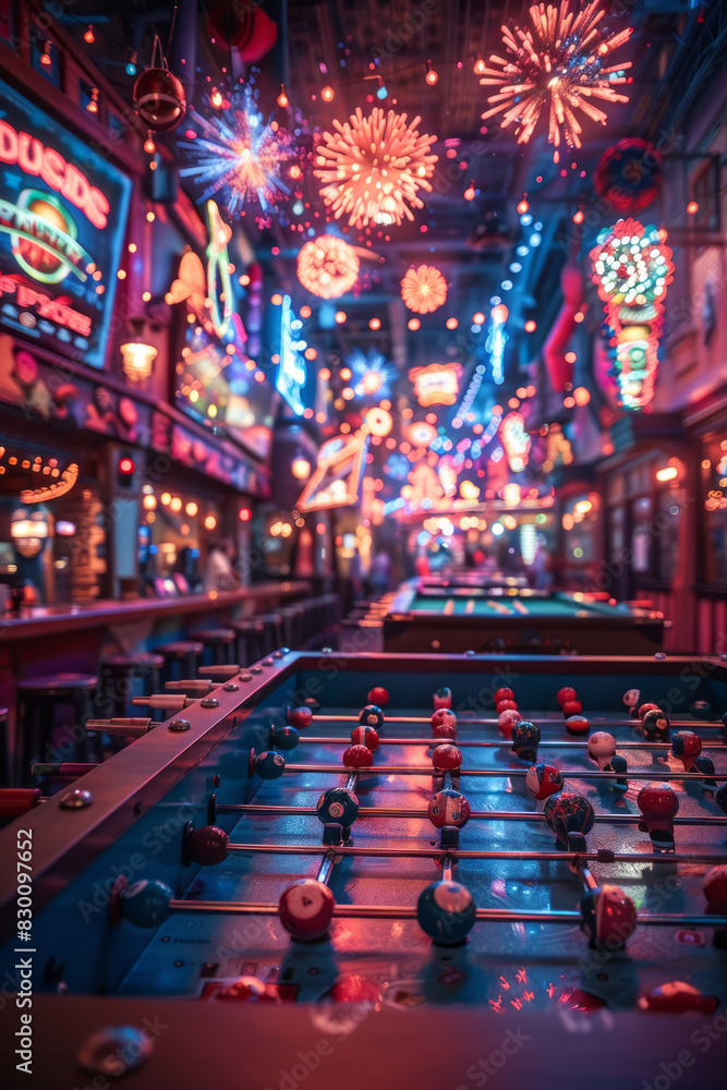 Poster Artistic rendering of a foosball table with a digital scoreboard that shows animated fireworks for each goal,