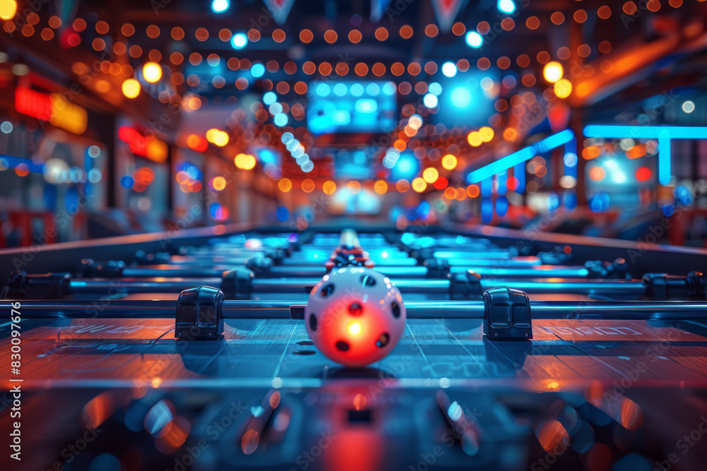 Poster scene of a foosball table with interactive lighting that creates a spotlight effect on the ball duri