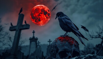 Crow on Skull in the Cemetery under a Bloody Moon Background