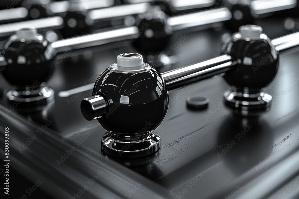 Poster Illustration of a foosball table with a minimalist design, featuring clean lines and monochromatic colors, highlighting form and function,