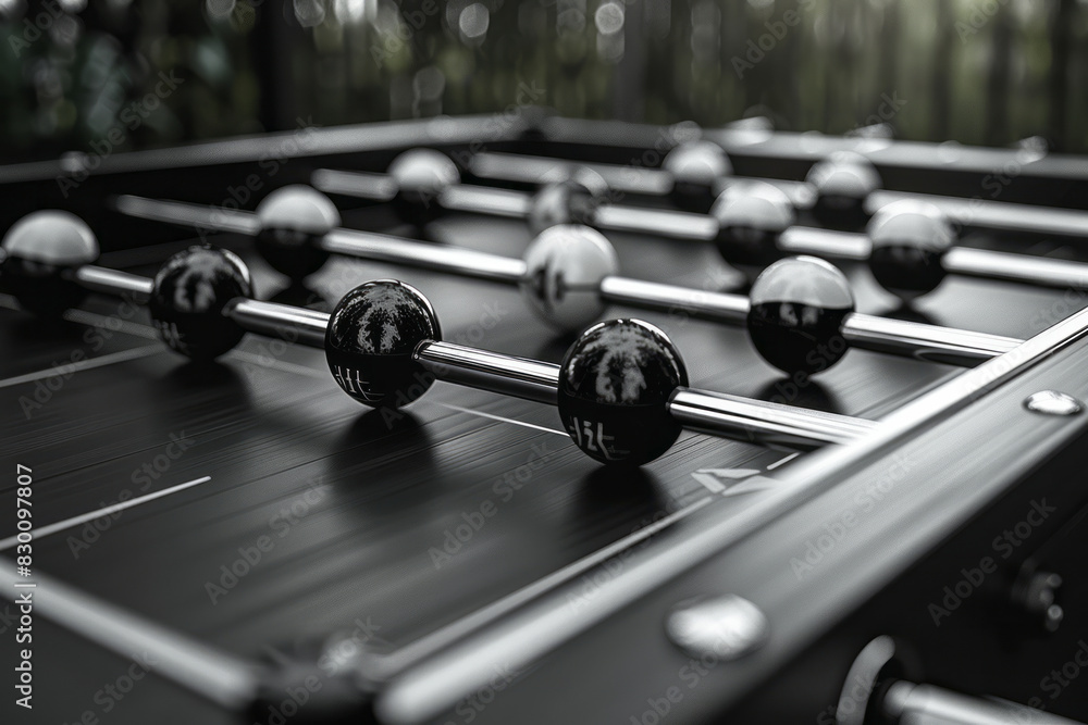 Poster Illustration of a foosball table with a minimalist design, featuring clean lines and monochromatic colors, highlighting form and function,