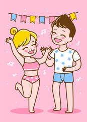 Cute cartoon young couple dressed in underwear dancing together - vector illustration for cozy design 2