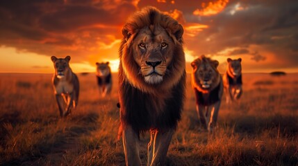Pride of Lions Walking at Sunset on Savannah - ai generative