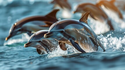 Pod of Dolphins Leaping in Ocean Waves - ai generative