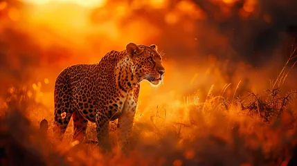 Canvas schilderij Rood Leopard Walking in Golden Sunset Grassland - ai generative  © jessica