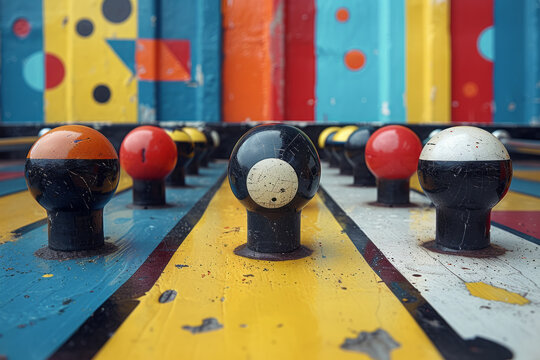 Scene of a foosball table with an abstract geometric pattern on the playing field, creating a visually striking piece,
