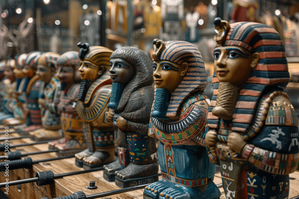 Poster illustration of a foosball game with figures in egyptian pharaoh attire playing against figures in r