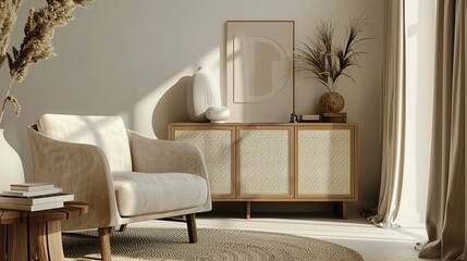 Scandinavianinspired room with a comfortable armchair and wooden sideboard neutral colors natural textures bright and airy