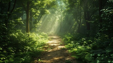 Fototapeta premium A serene nature path winds through a dense forest, dappled sunlight filtering through the lush canopy overhead, creating a peaceful haven for your next walk