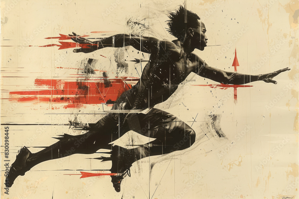 Poster Illustration of a player leaping from one arrow to another on the dance machine, with exaggerated lines indicating swift movement,