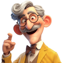 Cheerful elderly cartoon character with glasses and a mustache points finger while smiling in a bright scene.