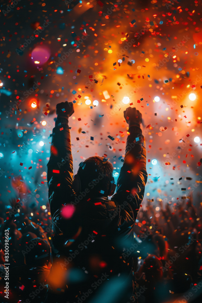 Poster scene of a player celebrating a high score, jumping in the air with confetti and light effects enhan