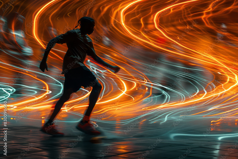 Poster Scene of a player executing a series of rapid spins, with a vortex of light trails emphasizing the dynamic motion,