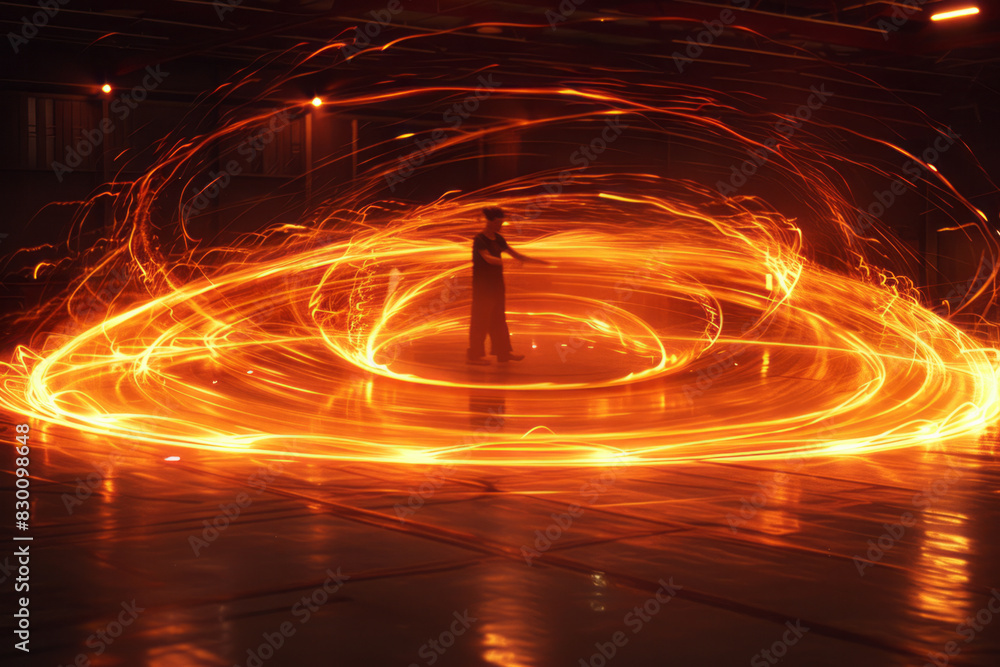 Poster Scene of a player executing a series of rapid spins, with a vortex of light trails emphasizing the dynamic motion,