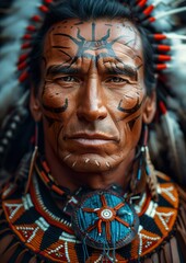 Native American Man in Traditional Headdress with Detailed Face Paint - ai generative