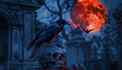 Haunted Cemetery Scene with Crow on Skull Under Bloody Moon