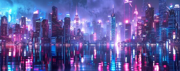 A futuristic neon-lit cityscape.