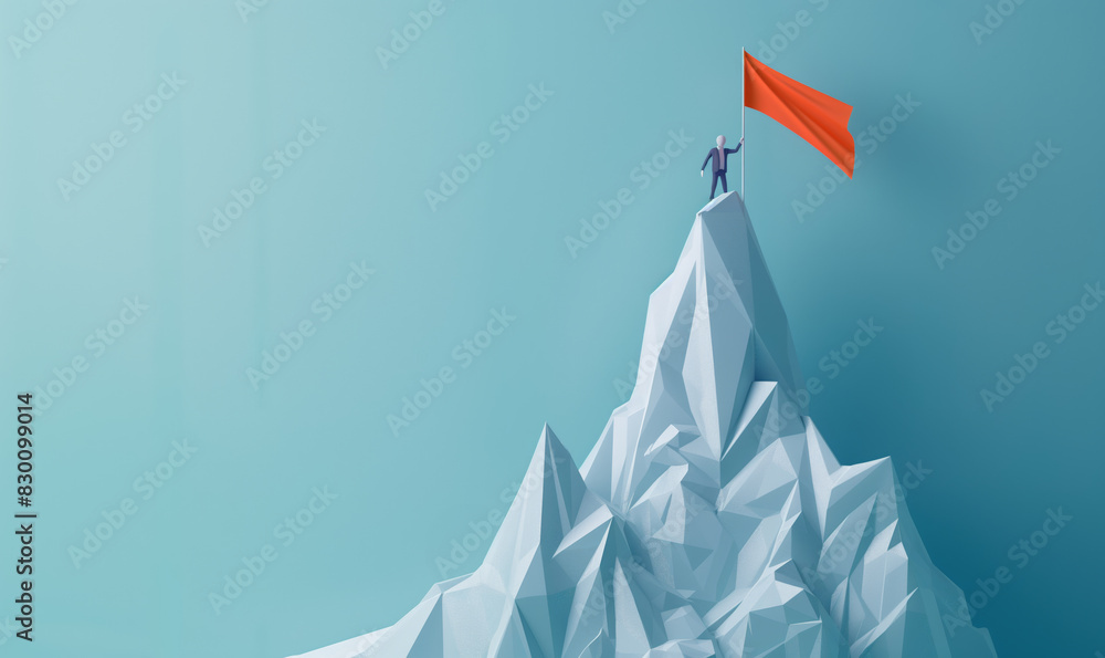 Wall mural Achievement target businessman standing the top mountain holding red flag. business success concept. leadership reaching goal. peak, winner, career or victory