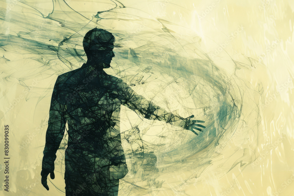 Poster Illustration of a human body fracturing into geometric shapes, each piece dissolving into fluid patterns and merging with the background,