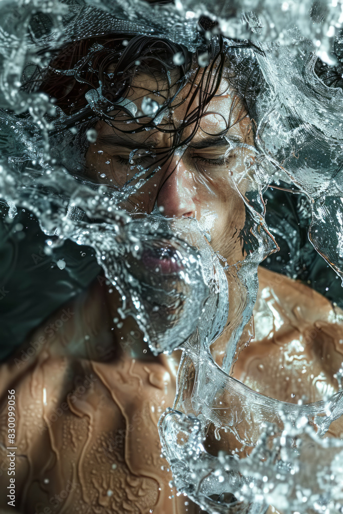 Poster Artistic rendering of a human figure with their torso unraveling into ribbons of liquid, intertwining with abstract, flowing patterns,