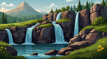 waterfall-on-rocky-and-covered-with-green-grass-mountain-cartoon-vector-illustration-set-of-cascade