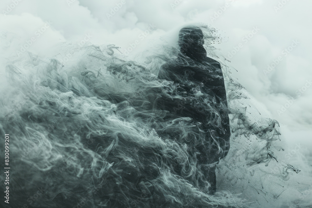 Poster Scene of a human silhouette disintegrating into a cloud of mist, with swirling patterns representing the dispersion,