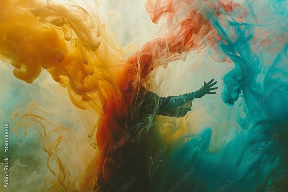 Poster Image of a human figure with their hands and feet dissolving into colorful streams, flowing into an abstract background,