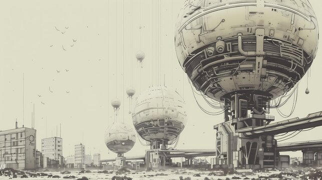 edifici sferici fantascientifici distopici accanto ad un centro abitato, molte antenne e cavi, illustrazione a matita digitale