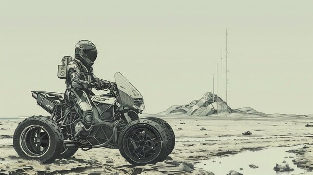 persona che guida un ATV quad futuristico vicino a un ruscello con un edificio e delle antenne sullo sfondo, illustrazione a matita digitale