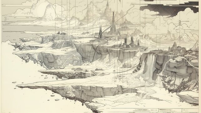 mappa di fantasia di una terra nel cielo tra le nuvole, illustrazione a matita digitale