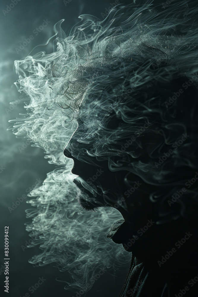 Poster scene showing a human silhouette with parts of their body evaporating into a vapor, with intricate p