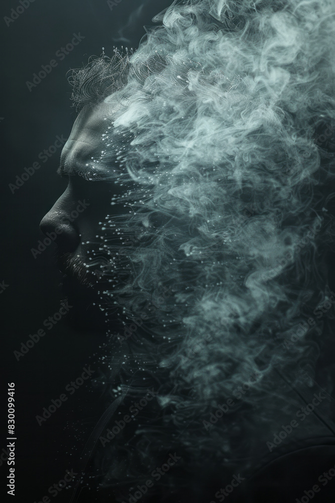 Poster Scene showing a human silhouette with parts of their body evaporating into a vapor, with intricate patterns representing the dissolution,