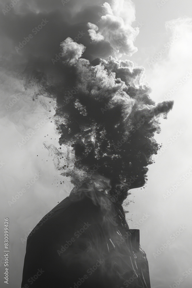 Aufkleber scene showing a human silhouette with parts of their body evaporating into a vapor, with intricate p