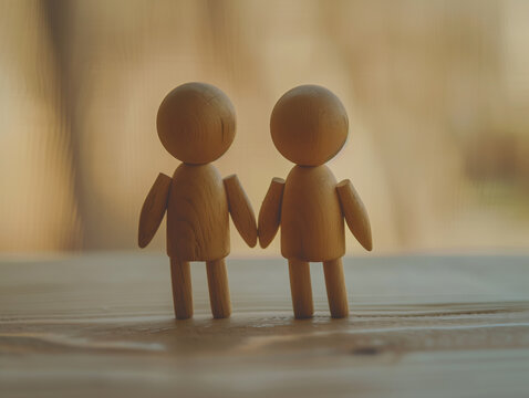 Two human shaped wooden toys, friendship concept together