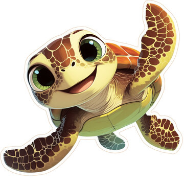 Adorable animated sea turtle with large green eyes and a colorful shell swims joyfully, showcasing vibrant underwater marine life.