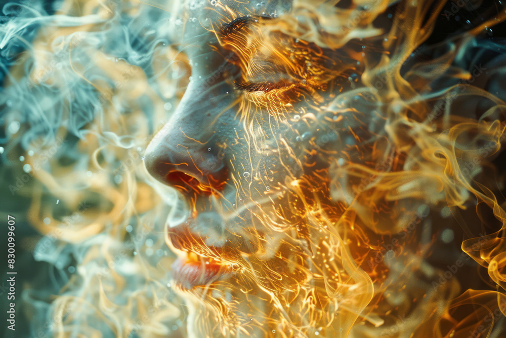 Poster image of a human face dissolving into a cascade of liquid, each droplet containing swirling, abstrac