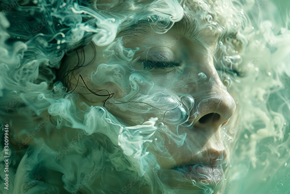 Poster image of a human face dissolving into a cascade of liquid, each droplet containing swirling, abstrac