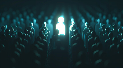 A glowing figure stands out in a crowd of dark silhouettes, symbolizing individuality and uniqueness in a sea of sameness.