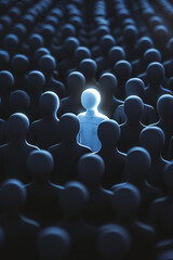 Obraz premium An illuminated figure stands out among dark silhouettes in a crowd, representing individuality and uniqueness in a sea of uniformity.