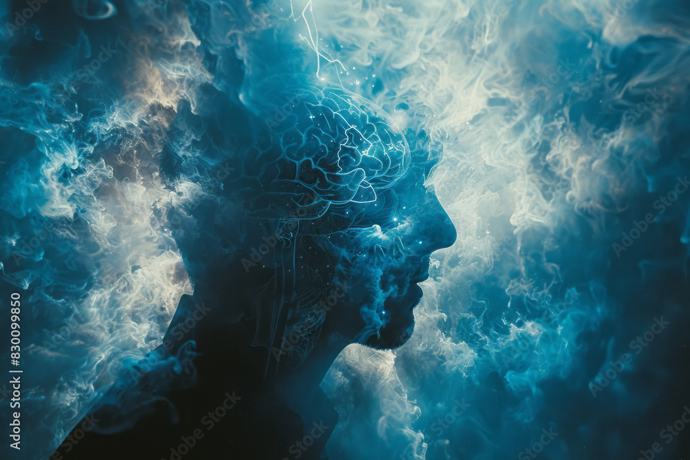 Poster artistic depiction of a human silhouette dissolving from the inside out, with internal organs transf