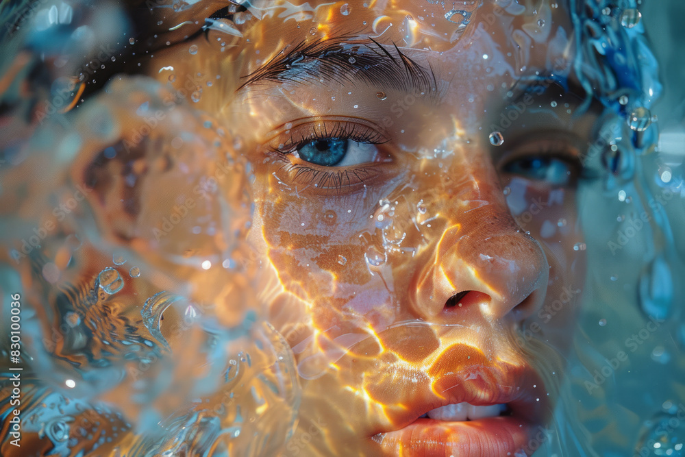 Poster Image of a human face partially disintegrating into droplets of liquid, with the droplets forming swirling, colorful patterns as they fall,