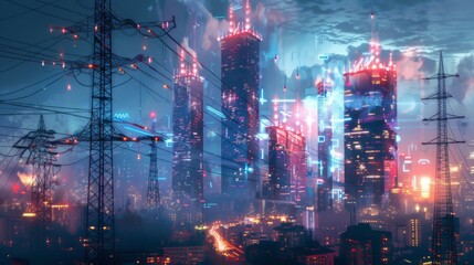 Obraz premium A digital composite image of a futuristic city skyline with illuminated skyscrapers and glowing power lines, representing urban development and energy infrastructure