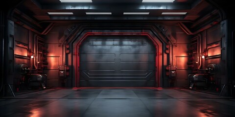 Dark underground hangar with large red siren elevator door in mechanical setting. Concept Underground Hangar, Red Siren, Mechanical Setting, Elevator Door, Dark Atmosphere