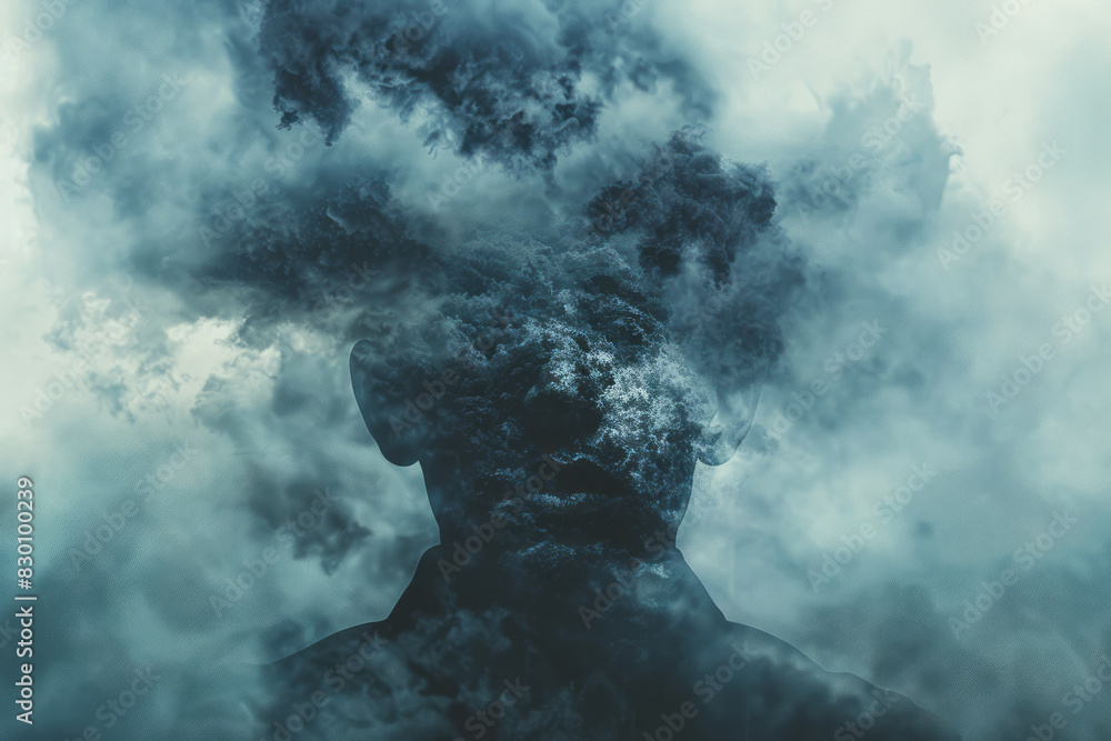 Poster scene of a person with a clear head and torso that gradually fades into dark clouds as it descends, 