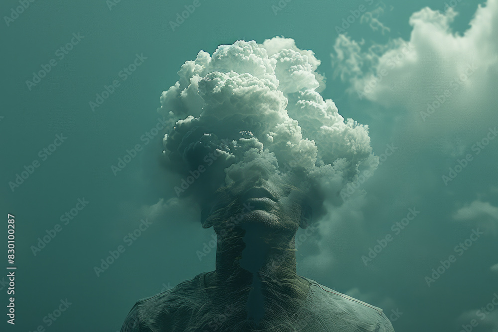 Poster Scene of a person with a clear head and torso that gradually fades into dark clouds as it descends, symbolizing the progressive cognitive decline,