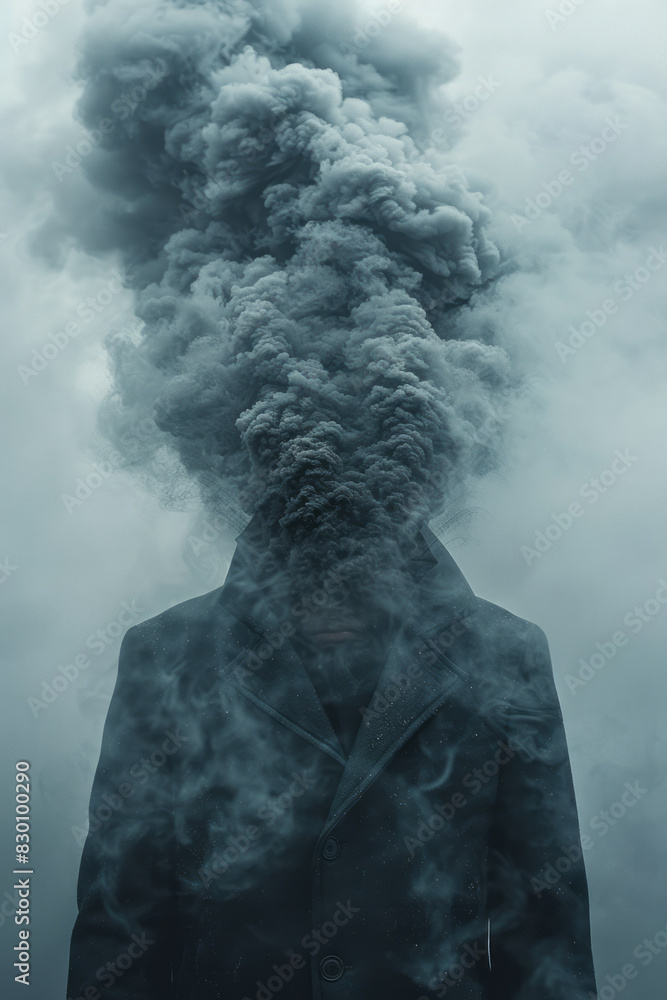 Poster image of a human figure with dark clouds emanating from their head, enveloping their body in a shrou