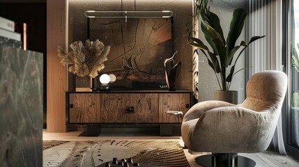 Contemporary interior with a plush armchair and sleek cabinet soft pastel colors modern design ambient lighting